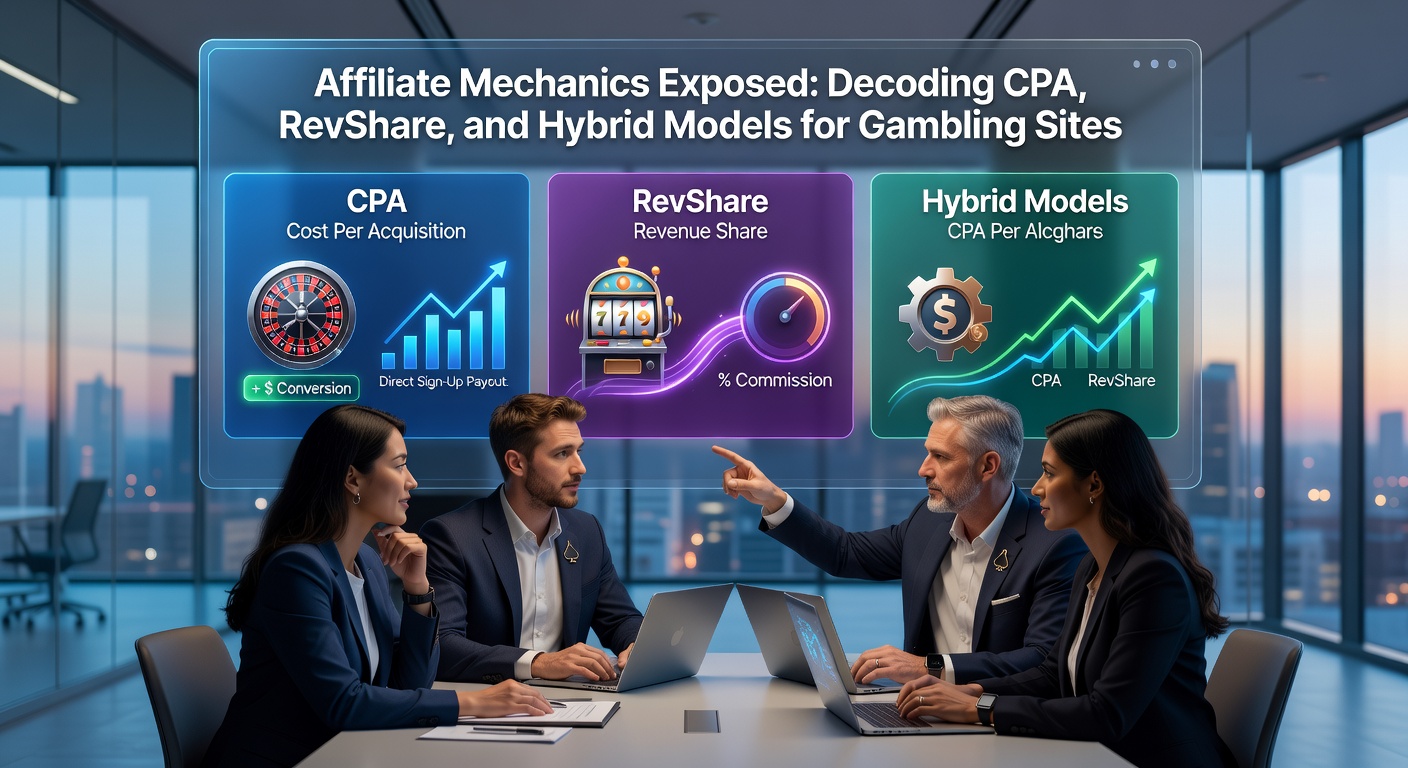 Diagram illustrating CPA, RevShare, and Hybrid affiliate models with revenue flow arrows between affiliates and gambling operators