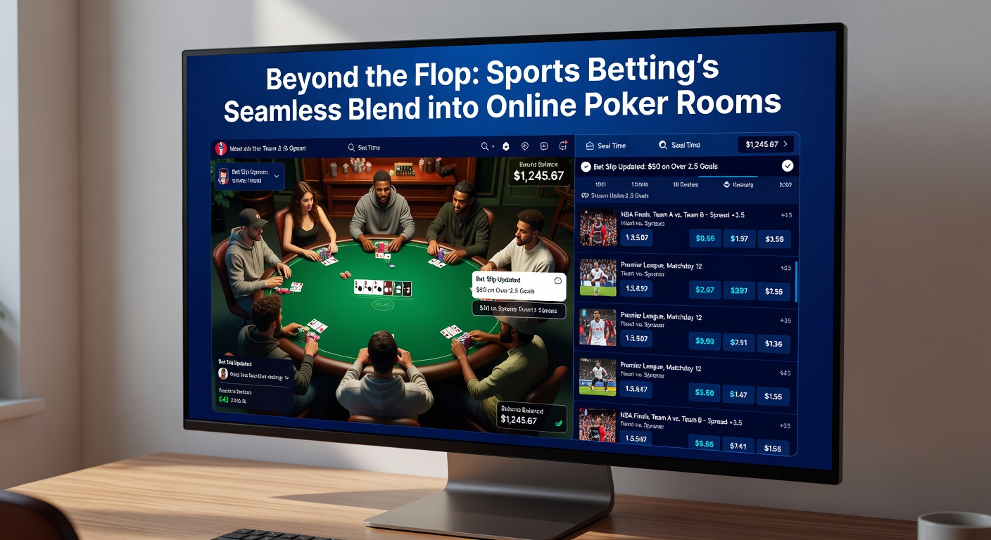 Online poker table interface seamlessly integrated with sports betting odds display, showing a live soccer match and poker hand in split-screen view