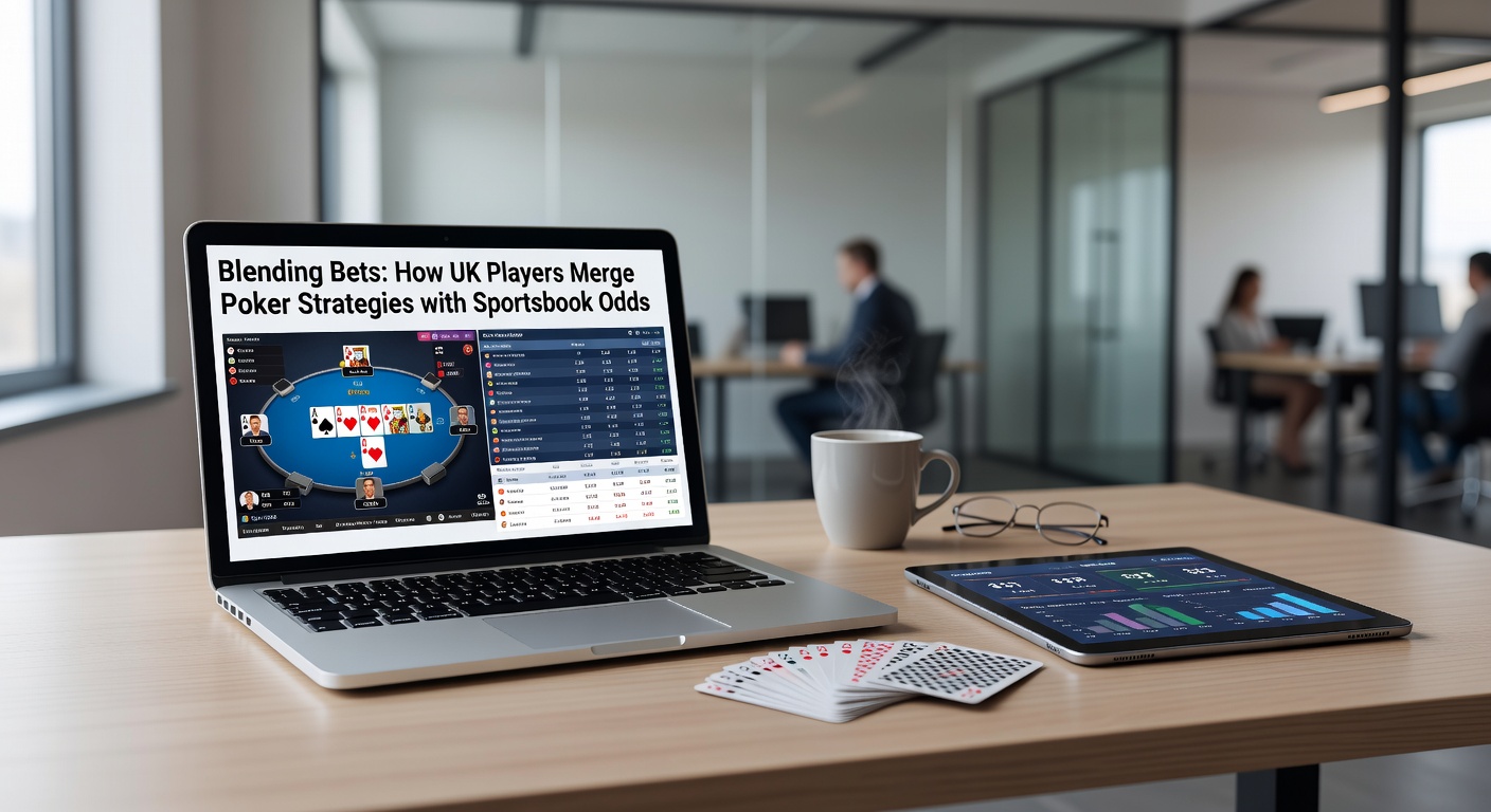 UK bettor analyzing poker hand alongside football odds on a laptop screen, illustrating strategy blend