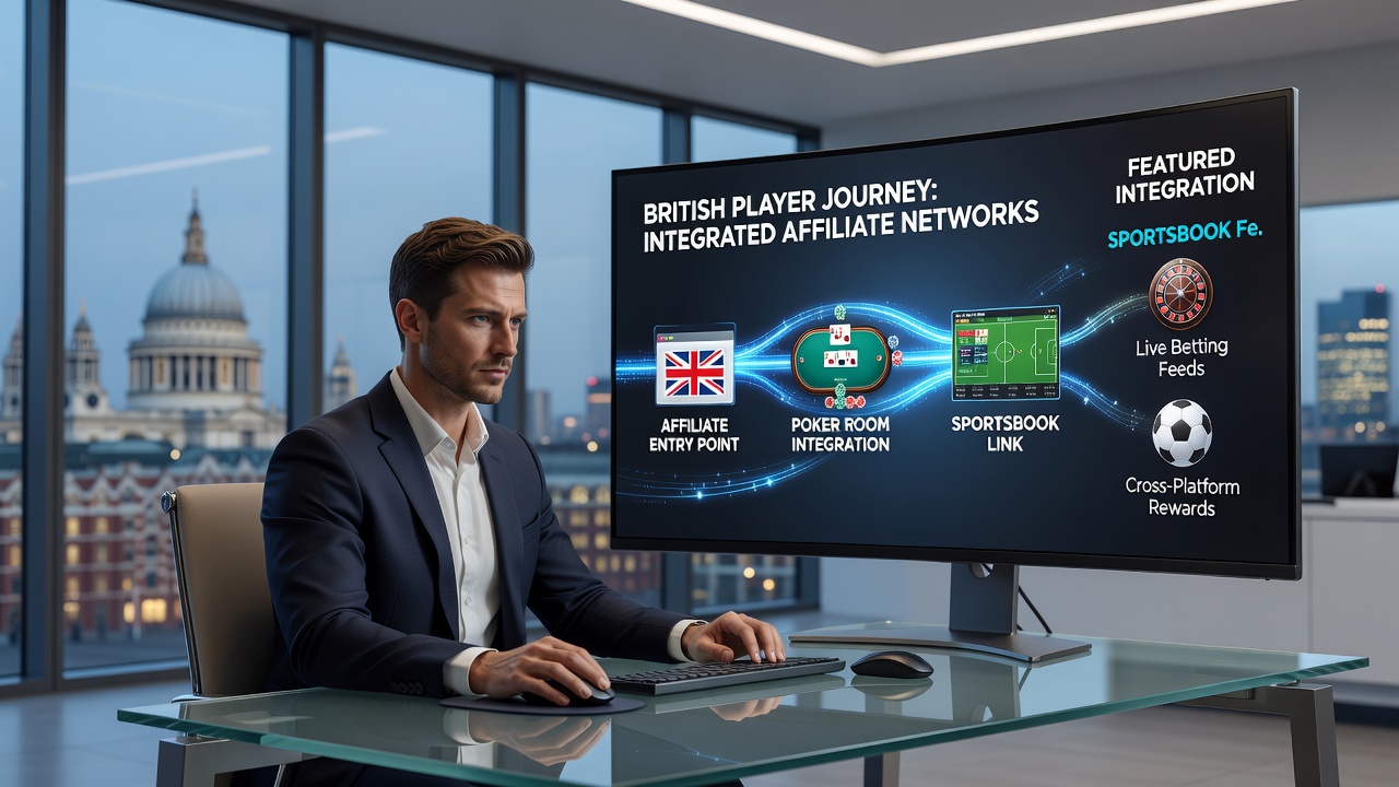Integrated affiliate dashboard showing poker and sportsbook features for UK users