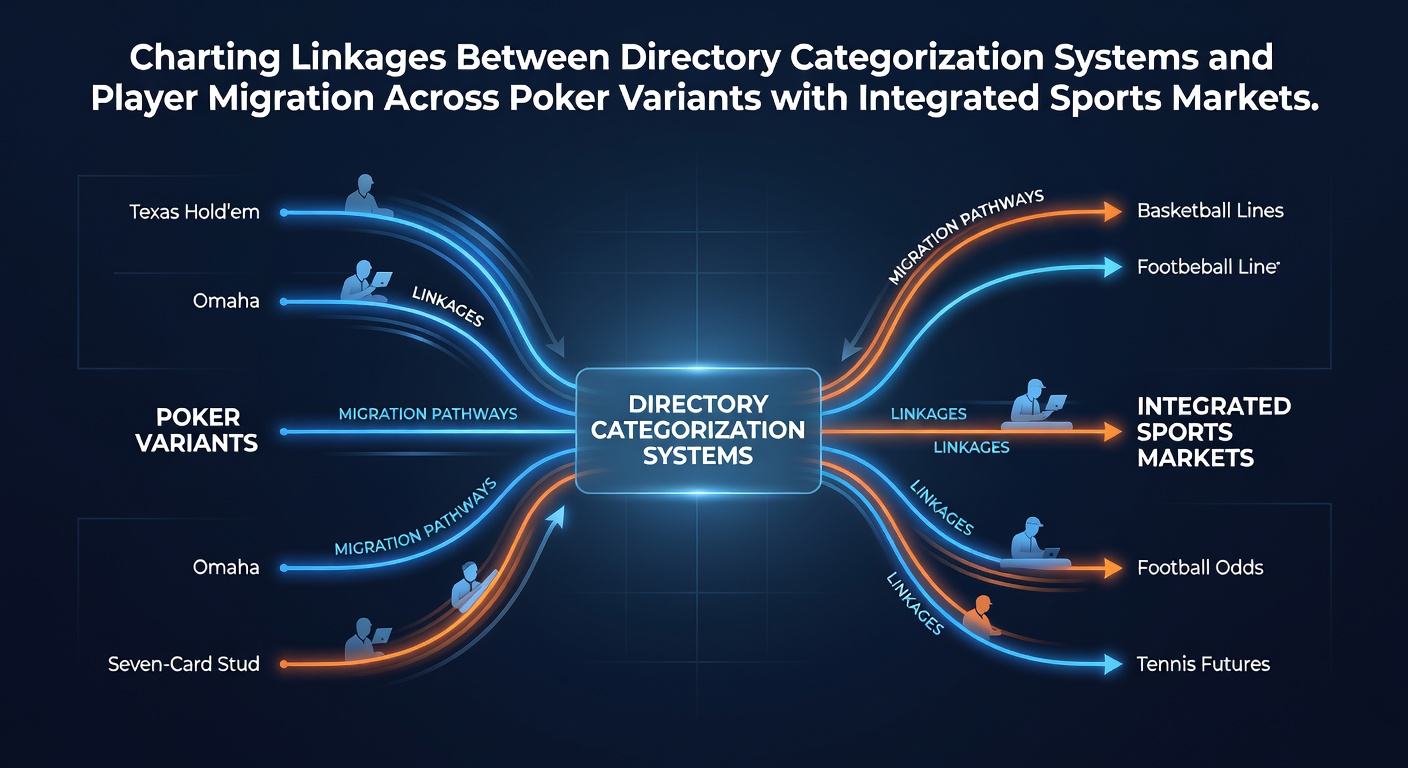 Diagram showing directory categorization flows connecting poker variants to integrated sports betting markets