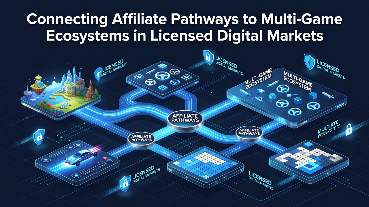Diagram showing affiliate pathways linking into multi-game digital platforms across licensed markets