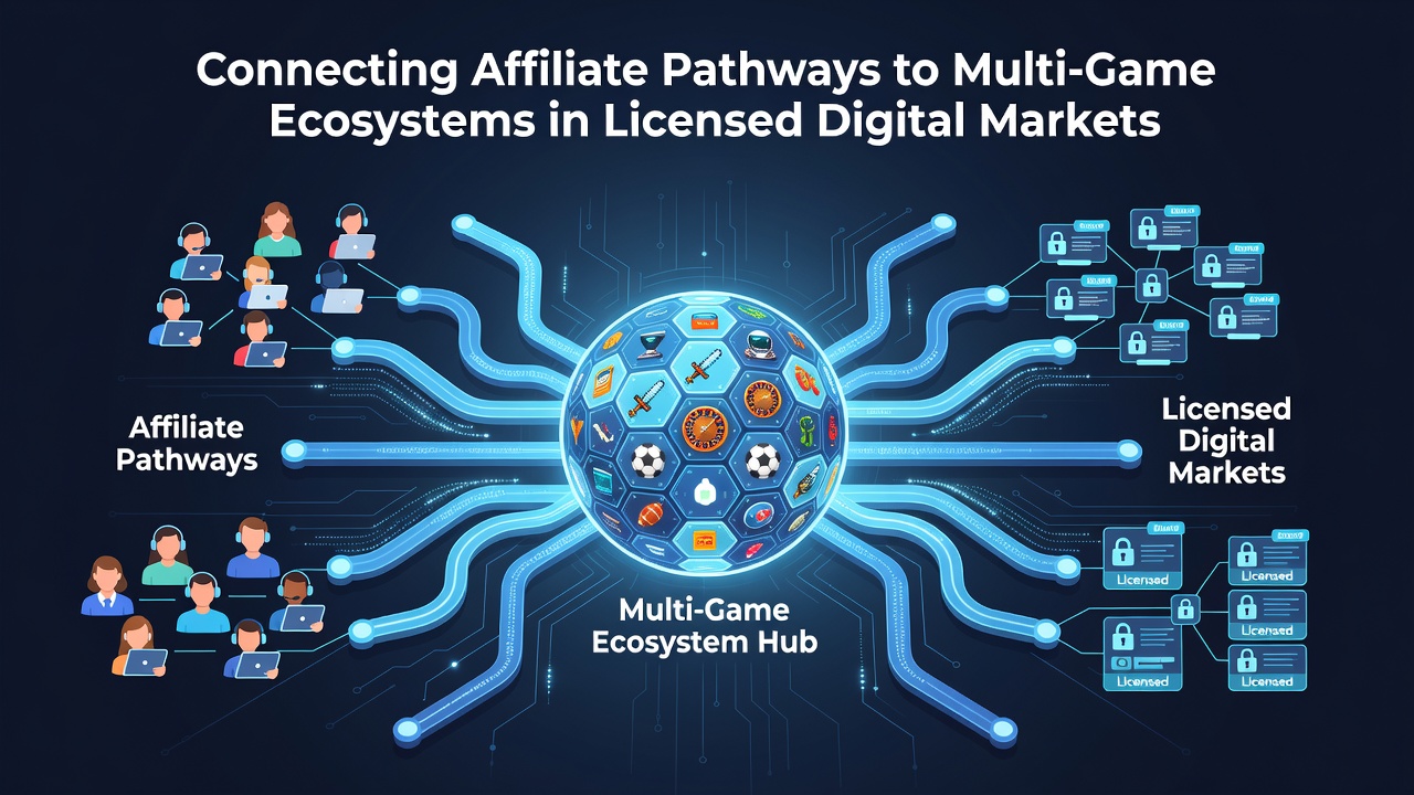 Illustration of multi-game ecosystem dashboard connected through affiliate tracking interfaces