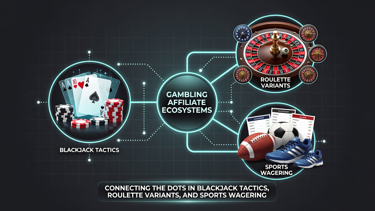 Diagram showing interconnections between blackjack tactics, roulette variants, and sports wagering in affiliate ecosystems