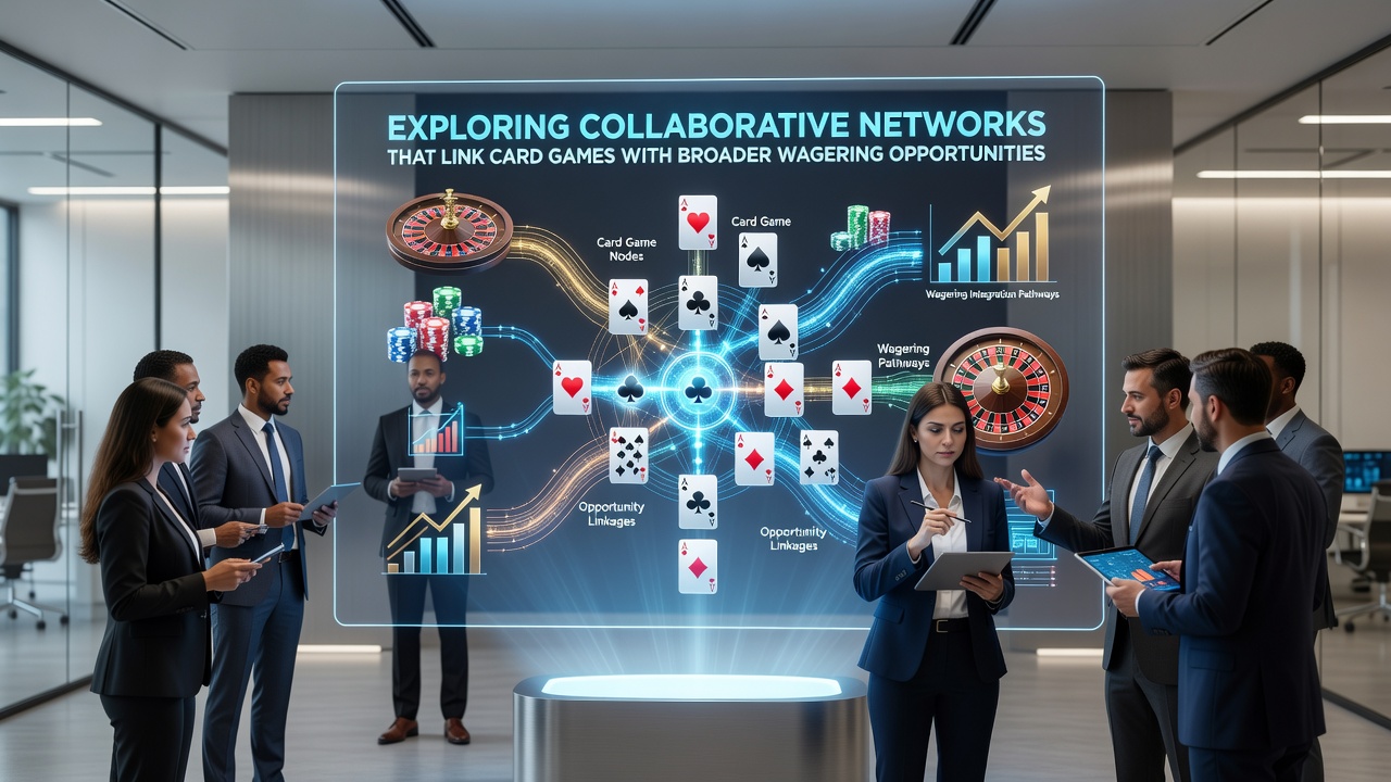 Illustration of interconnected digital platforms linking card tables to sports betting interfaces via shared user accounts