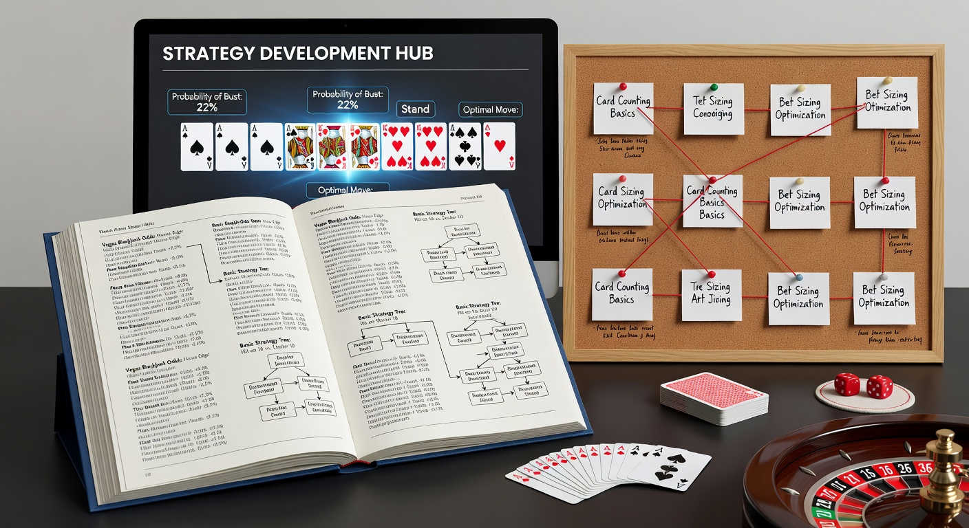 Strategy charts and probability tables overlaid on a directory search for table games