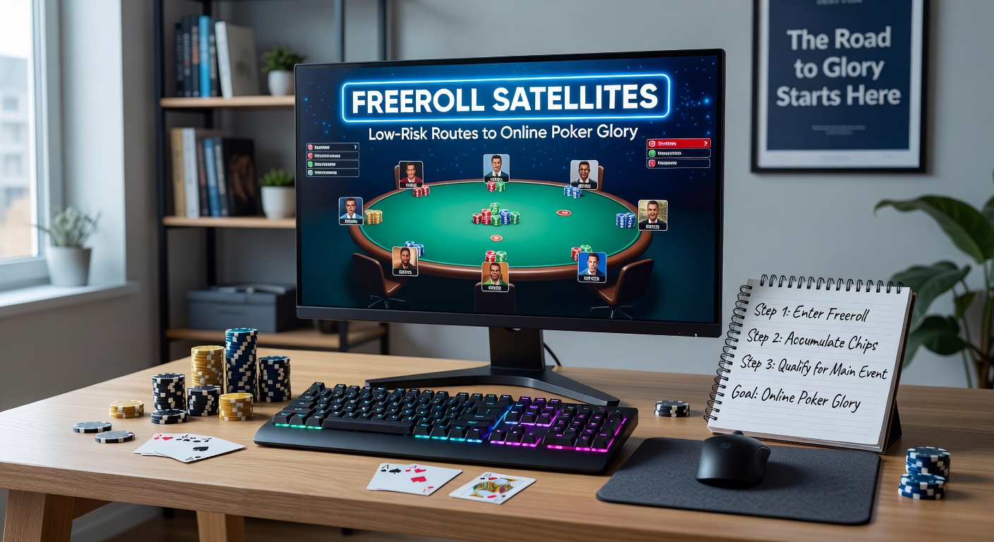 A player celebrating a freeroll satellite win, trophy graphic overlay on poker table interface