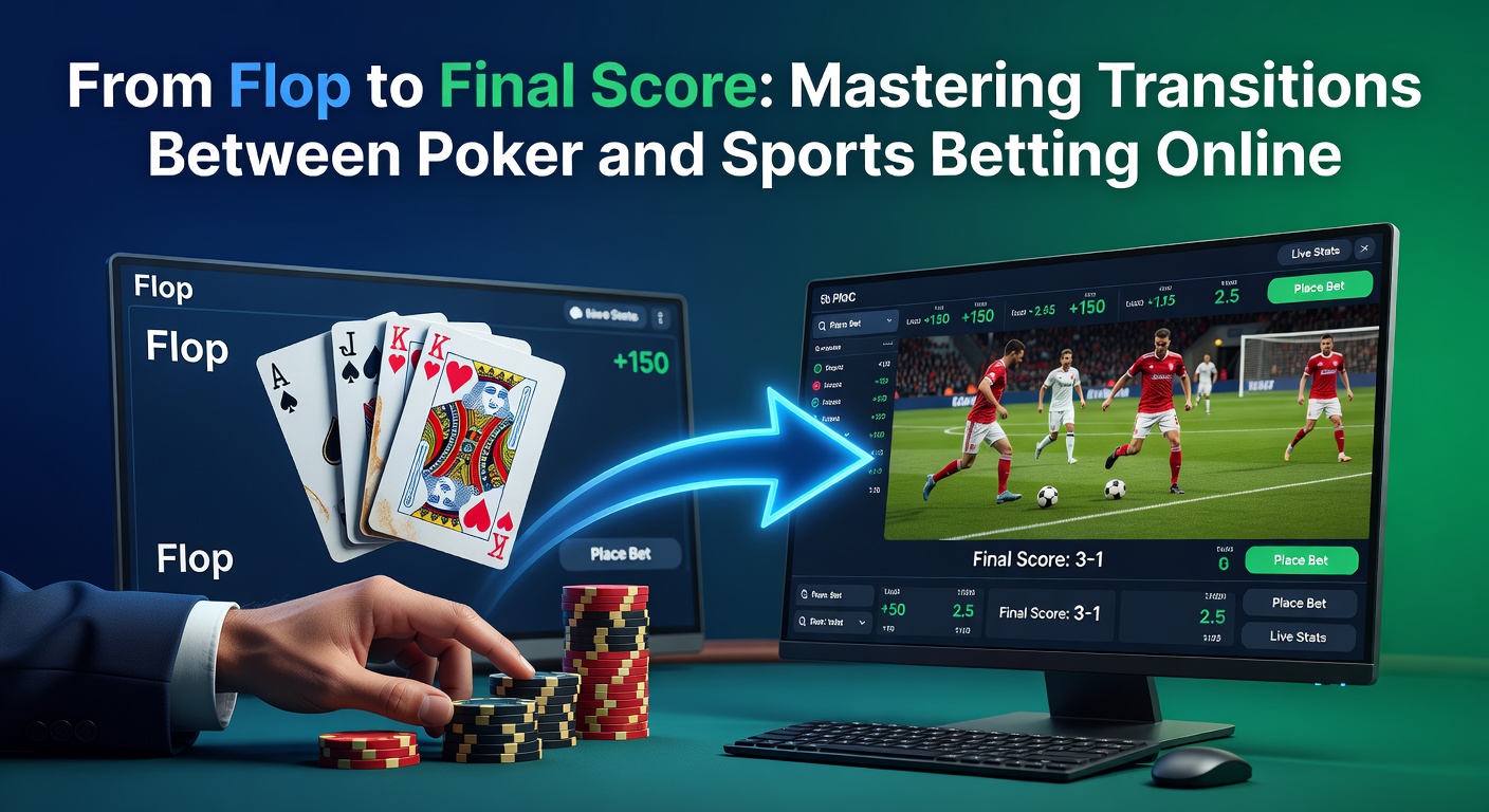 Online poker table transitioning to sports betting odds screen, showing shared digital interfaces