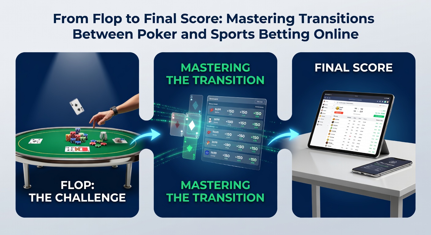 Split-screen of poker hand analysis next to sports betting dashboard with live odds and stats