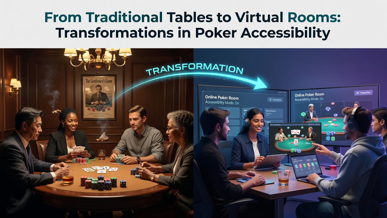 Historic poker table setup transitioning into modern virtual poker interface on screen