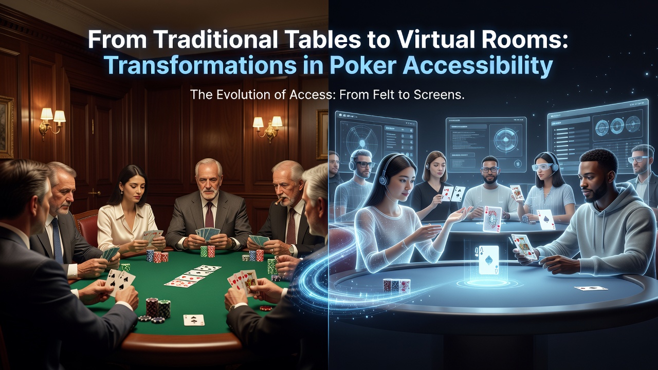 Players engaged in virtual poker rooms on laptops and mobile devices showing diverse accessibility options