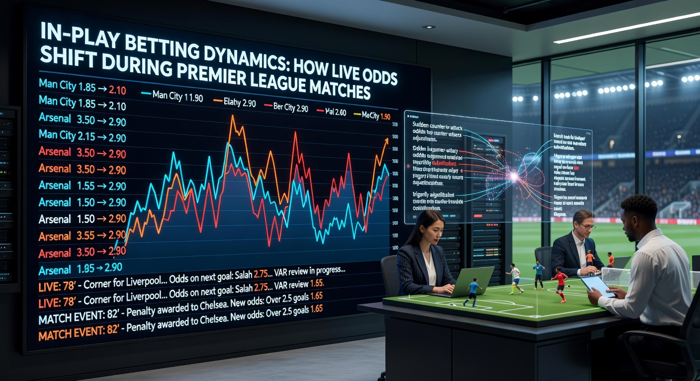 Dynamic graph showing live odds fluctuating in real-time during a Premier League match, with lines spiking on goals and cards