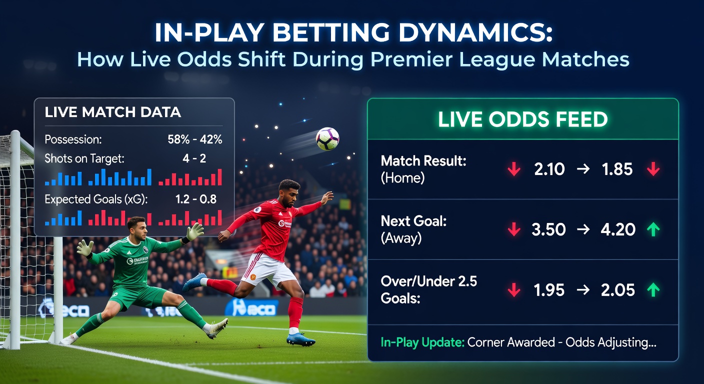 Close-up of a Premier League stadium crowd reacting to a goal, overlaid with odds ticker showing rapid changes from 3.00 to 1.40