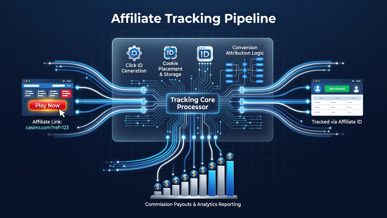 Diagram showing the flow of affiliate tracking data between users, casinos, and partner networks