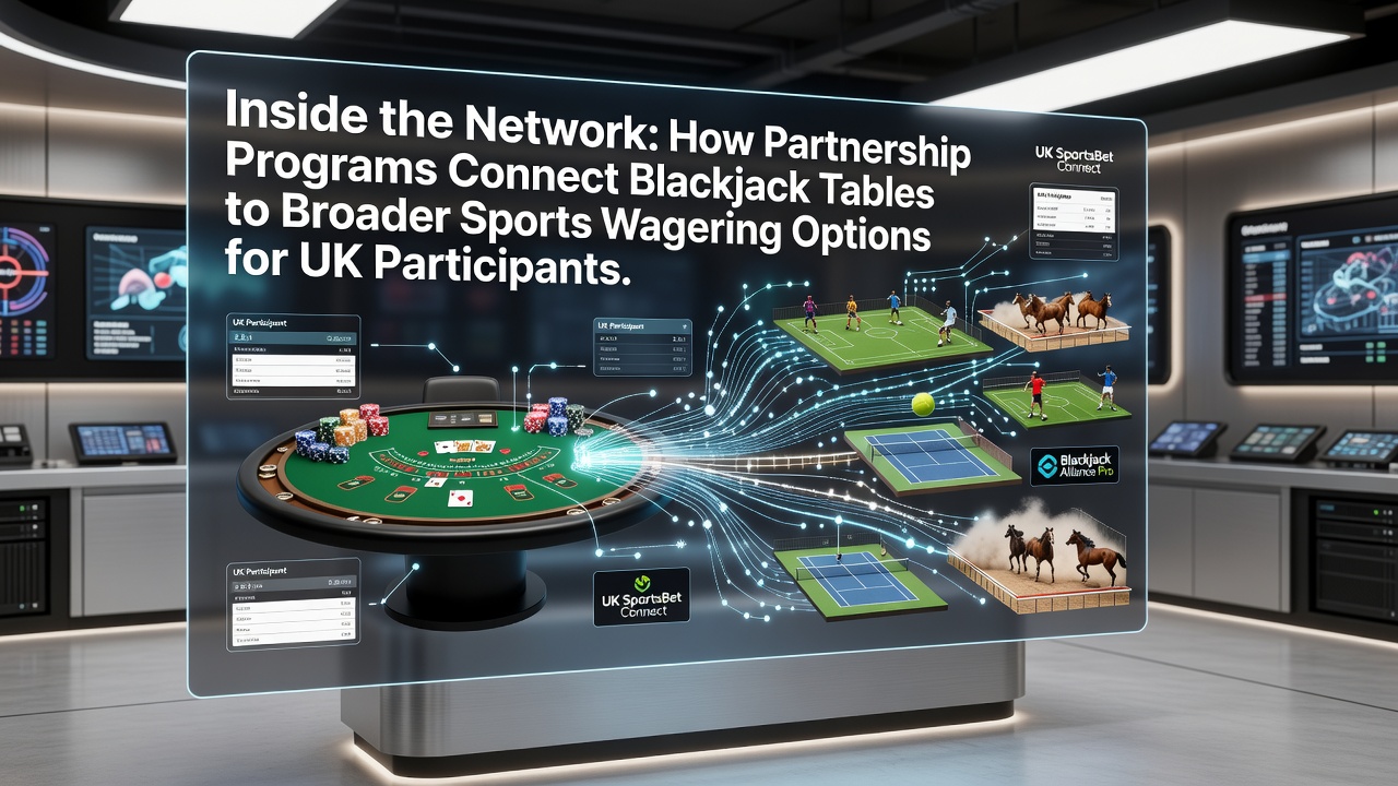 Diagram showing interconnected gambling platforms linking blackjack tables with sports betting sections through partnership networks