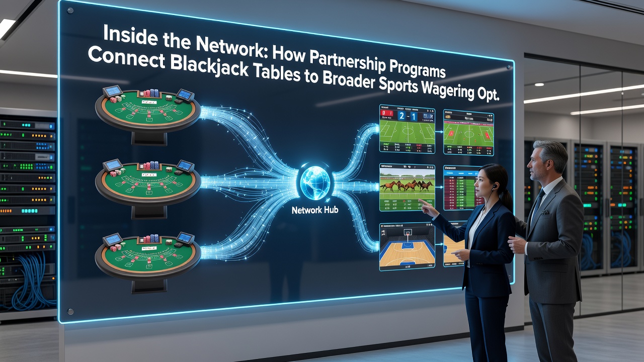 Illustration of UK participants navigating between digital blackjack interface and sports odds dashboard via partnership integration tools