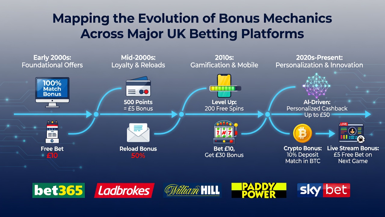 Timeline graphic showing changes in UK betting bonus structures from the 2000s to present day
