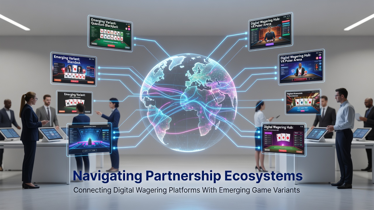 Illustration of partnership ecosystem connections showing digital platforms linking to emerging game developers in licensed regions worldwide