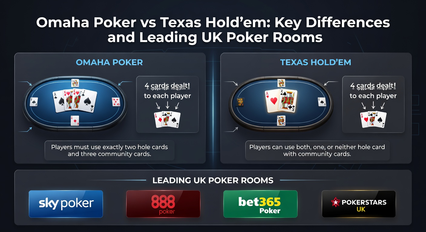 Poker players at a table comparing Omaha and Hold'em hands, chips stacked high amid intense focus