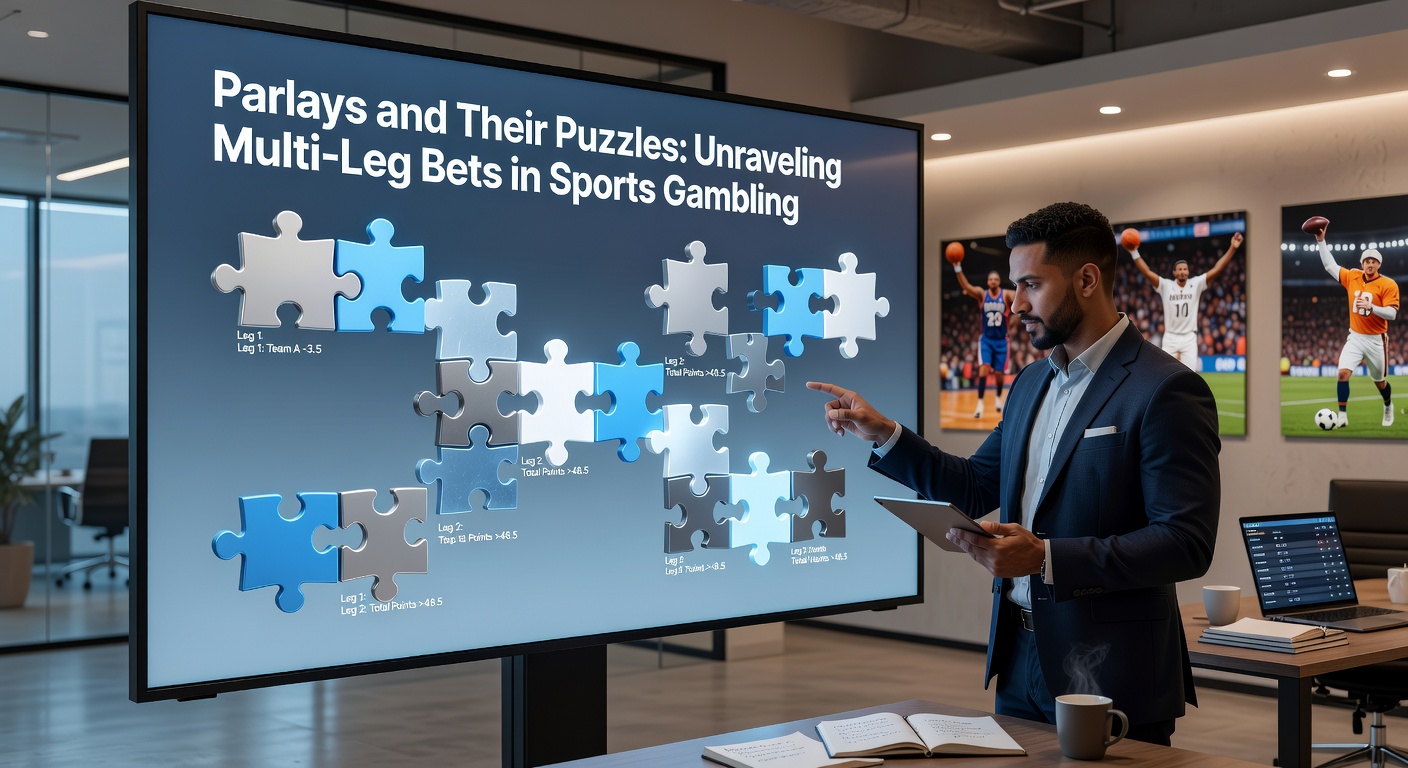 Illustration of intertwined betting slips forming a complex parlay chain in a sports arena setting