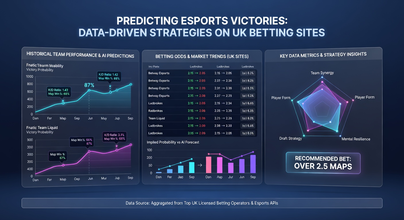 AI dashboard analyzing esports match data with graphs of win probabilities, player heatmaps, and UK betting odds fluctuations
