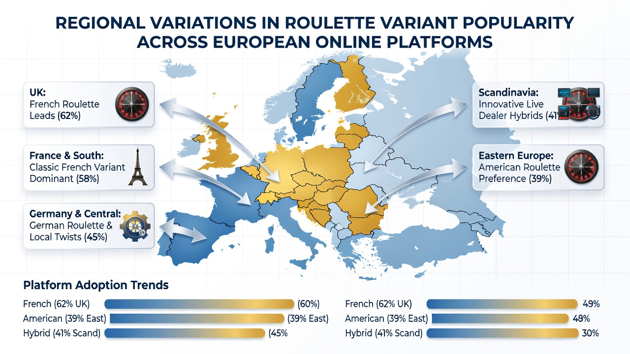 Map overlay of Europe highlighting roulette variant preferences by country on digital platforms