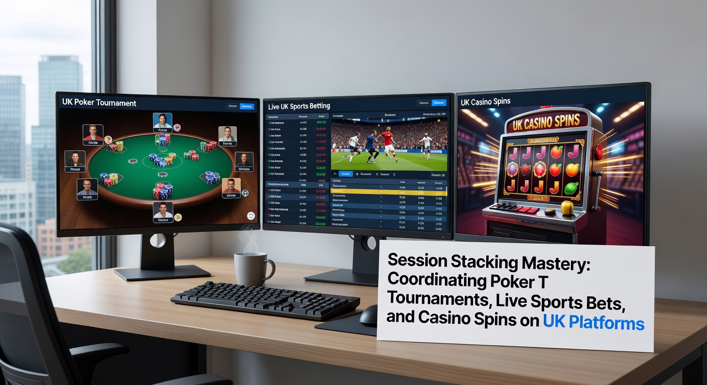 Poker player multitasking with sports betting screen and casino slots in background on a UK platform dashboard