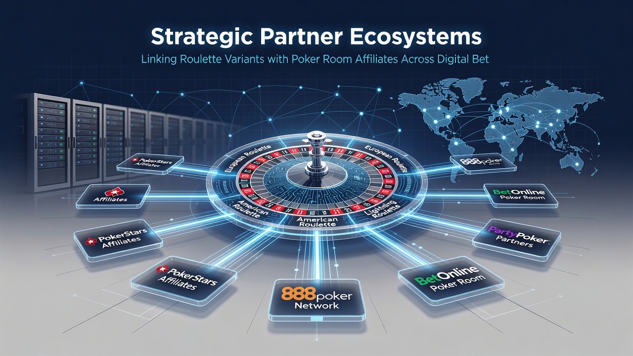 Network diagram illustrating connections between roulette game servers and poker affiliate management systems