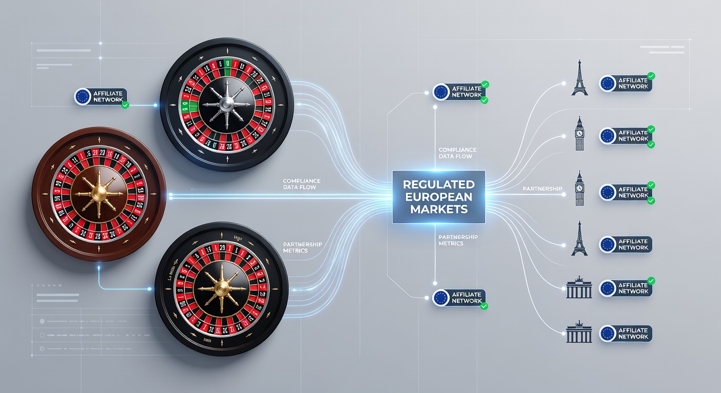 Roulette wheel with affiliate network icons overlay in a European regulatory setting