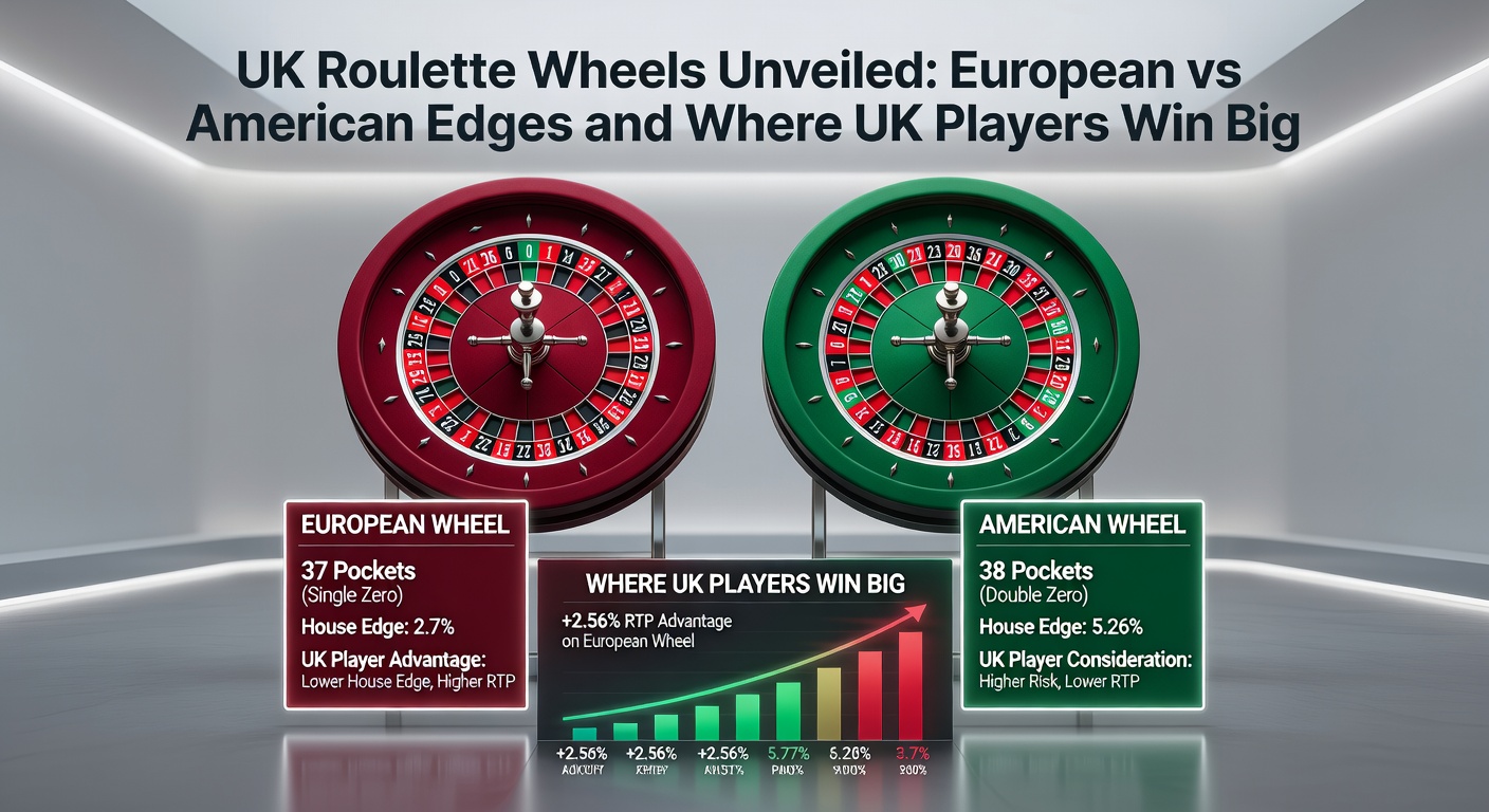 Side-by-side comparison of European single-zero and American double-zero roulette wheels, with chips stacked nearby in a modern UK online casino interface